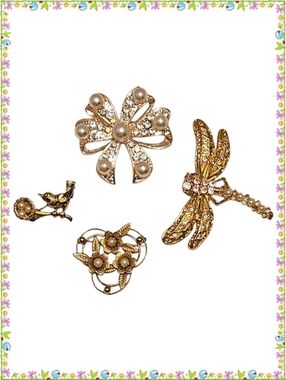 Gold Tone Faux Pearl Accented Brooch Bundle